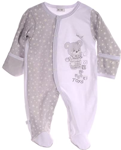 La Bortini Strampler Overall mit Kratzschutz Baby Schlafanzug 44 50 56 62 68 74 80 86 (44-50, weiß/grau) von La Bortini