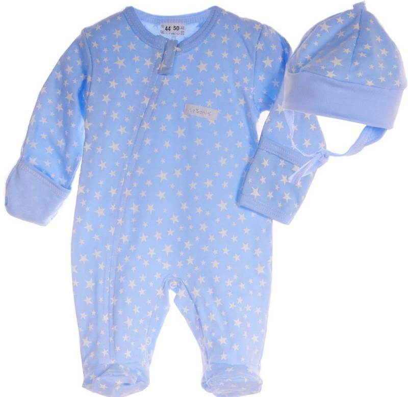 La Bortini Strampler Schlafoverall und Mütze Baby Set Schlafanzug in Blau mit Sternchen von La Bortini