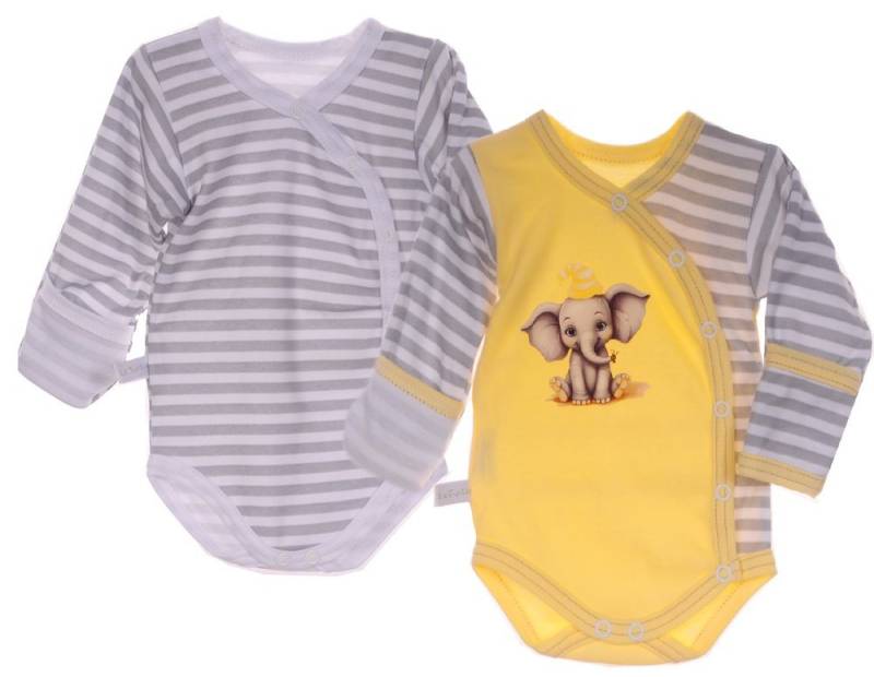 La Bortini Wickelbody 2er Baby Bodys Langarmbodys Body in Gelb gestreift mit Elefant aus reiner Baumwolle, 44 50 56 62 68 74 80 86 92 98 104 von La Bortini
