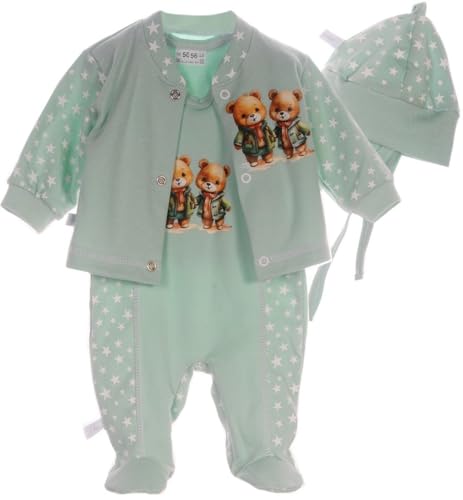 Strampler Mütze und Hemdchen Set Baby Anzug 3tlg 44 50 56 62 68 74 aus reiner Baumwolle (grün, 44-50) von La Bortini