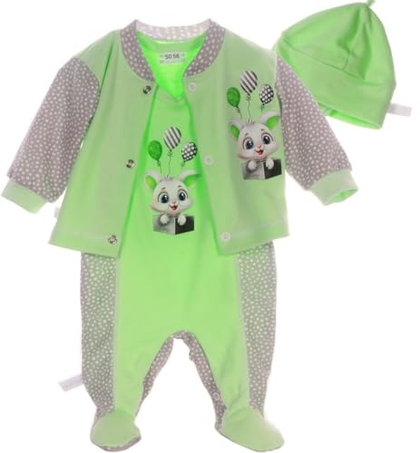 Strampler Mütze und Hemdchen Set Baby Anzug 3tlg 44 50 56 62 68 74 aus reiner Baumwolle (grün, 50-56) von La Bortini