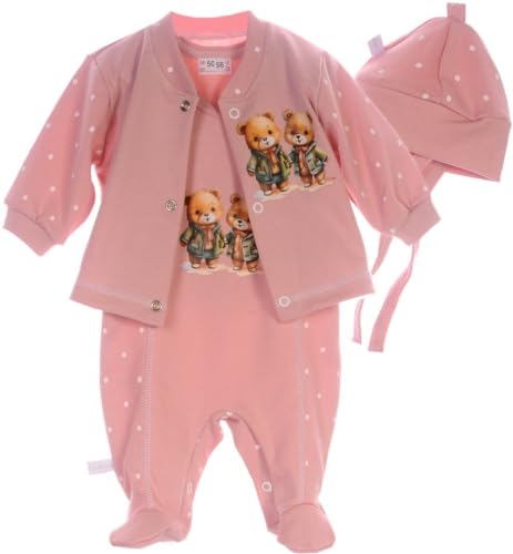 Strampler Mütze und Hemdchen Set Baby Anzug 3tlg 44 50 56 62 68 74 aus reiner Baumwolle (rosa, 44-50) von La Bortini