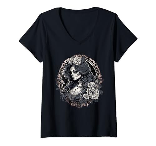 Damen Ästhetische La Catrina T-Shirt mit V-Ausschnitt Damen Ästhetische La Catrina T-Shirt mit V-Ausschnitt von La Catrina Art I Dia De Los Muertos