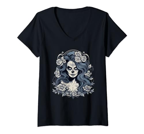 Damen Ästhetische La Catrina T-Shirt mit V-Ausschnitt Damen Ästhetische La Catrina T-Shirt mit V-Ausschnitt von La Catrina Art I Dia De Los Muertos