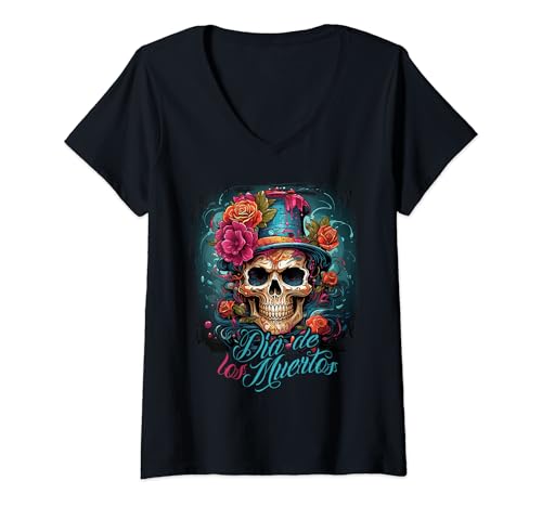 Damen Dia De Los Muertos Mexiko Tag Der Toten Design La Catrina T-Shirt mit V-Ausschnitt Damen Dia De Los Muertos Mexiko Tag Der Toten Design La Catrina T-Shirt mit V-Ausschnitt von La Catrina Kostüm Einzigartiges Kleid Für Den Tag