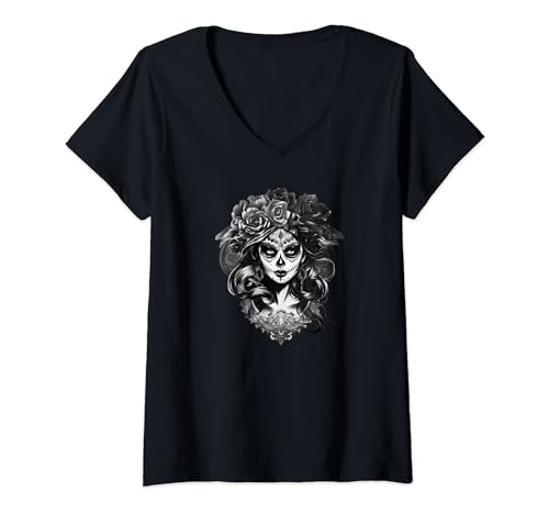 Damen La Catrina Die dunkle Schönheit des Zuckerschädels von Dia de los Muertos T-Shirt mit V-Ausschnitt Damen La Catrina Die dunkle Schönheit des Zuckerschädels von Dia de los Muertos T-Shirt mit V-Ausschnitt von La Catrina Sugar Skull Day of the Dead Halloween