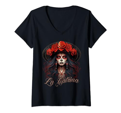 Damen La Catrina Cooles Dia De Los Muertos Design La Catrina T-Shirt mit V-Ausschnitt Damen La Catrina Cooles Dia De Los Muertos Design La Catrina T-Shirt mit V-Ausschnitt von La Catrina Tattoo Design Dia De Los Muertos