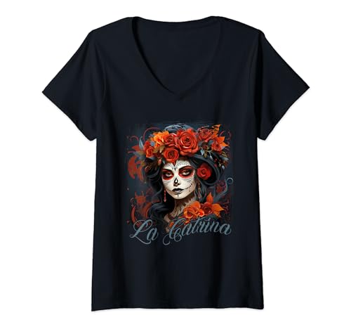 Damen La Catrina Cooles Dia De Los Muertos Design La Catrina T-Shirt mit V-Ausschnitt Damen La Catrina Cooles Dia De Los Muertos Design La Catrina T-Shirt mit V-Ausschnitt von La Catrina Tattoo Design Dia De Los Muertos