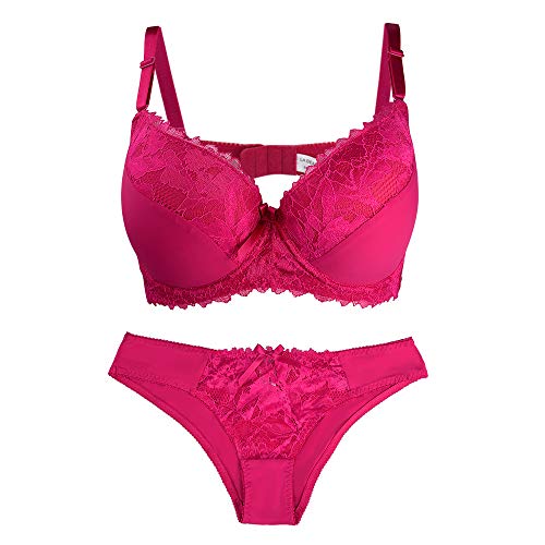 La Dearchuu Damen Bügel BH Set, Push Up BH und Slip Set Gepolstertes Unterwäsche BH Lingerie Set, Komfort Gepolsterter BH und Tanga Dessous Set für Frauen, 75B-105E, Rose Rot, Größe 105E/105DD von La Dearchuu