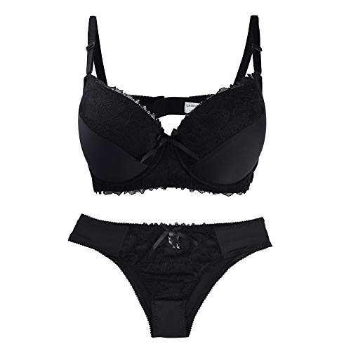 La Dearchuu Damen Bügel BH Set, Push Up BH und Slip Set Gepolstertes Unterwäsche BH Lingerie Set, Komfort Gepolsterter BH und Tanga Dessous Set für Frauen, 75B-105E, Schwarz, Größe 75B von La Dearchuu