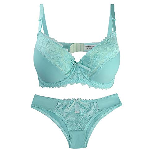 La Dearchuu Damen Bügel BH Set, Push Up BH und Slip Set Gepolstertes Unterwäsche BH Lingerie Set, Komfort Gepolsterter BH und Tanga Dessous Set für Frauen, 75B-105E, Türkis, Größe 100D von La Dearchuu