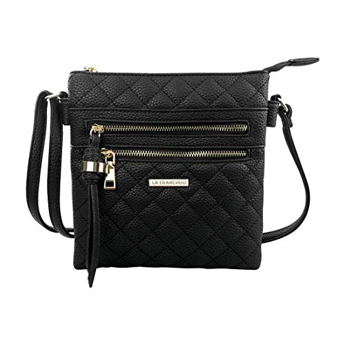 La Dearchuu Damen Crossbody Tasche Leder Umhängetasche Gesteppt Schultertasche Quaste Doppelter Reißverschluss Crossbody Bag Schulter Tasche Frauen, Litschi Muster Schwarz von La Dearchuu