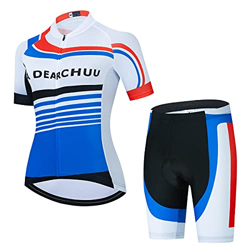 La Dearchuu Damen Radtrikot Set, Kurzarm Fahrradtrikot mit 3+1 Gesäßtaschen und 3D Gepolsterte Radhose Set Atmungsaktiv Schnell Trocknend für Radfahren MTB Jogging von La Dearchuu