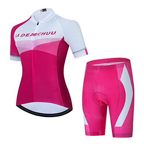 La Dearchuu Damen Radtrikot Set, Kurzarm Fahrradtrikot mit 3+1 Gesäßtaschen und 3D Gepolsterte Radhose Set Atmungsaktiv Schnell Trocknend für Radfahren MTB Jogging von La Dearchuu