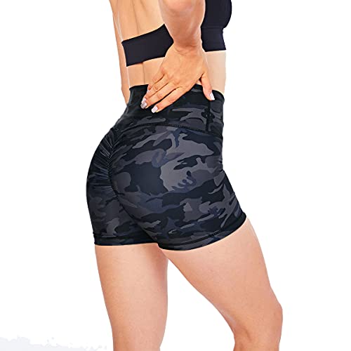 La Dearchuu Sporthose Damen Kurz, Radlerhose Kurze Damen High Waist Laufhose Shorts Scrunch Gym Workout Running Fitness Fitness Leggings Hose Kurz für Frauen, Schwarz Tarnung, Größe S von La Dearchuu