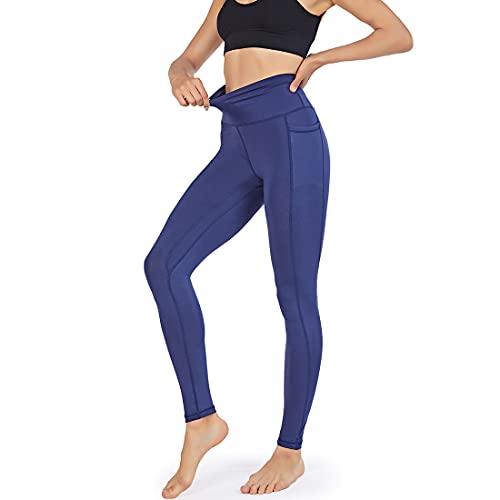 La Dearchuu Jogginghose Damen, Sport Leggings mit Tasche, High Waist Lange Laufhose Leggins, Strecken Blickdicht Gym Sporthose Fitnesshose mit Handytaschen Hohe Taille Yoga Leggings, Marineblau S von La Dearchuu