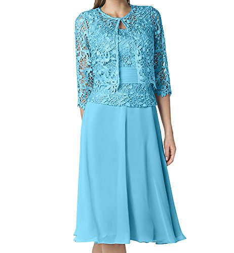 La_Marie Braut Blau Spitze Abendkleider Ballkleider Brautmutterkleider Knielang Rock mit Langarm Bolero-48 Blau von La_Marie Braut