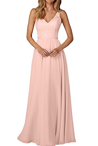 La_Marie Braut Edel Spitze Chiffon Champagner Brautjungfernkleider Abendkleider Partykleider Lang A-Linie Rock -34 Perlen Rosa von La_Marie Braut
