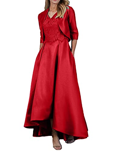 La_Marie Braut Edel V-Ausschnitt Abendkleider Ballkleider Brautmutterkleider Festlichkleider Satin A-Linie Kleider Mit Mantel-42-Rot von La_Marie Braut