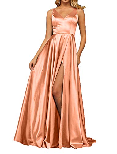 La_Marie Braut Hell Orange Elegant V-Ausschnitt Abendkleider Ballkleider Jugendweihe Kleider Partykleider Festkleider A-Linie Brautjungfernkleider-40 Hell Orange von La_Marie Braut
