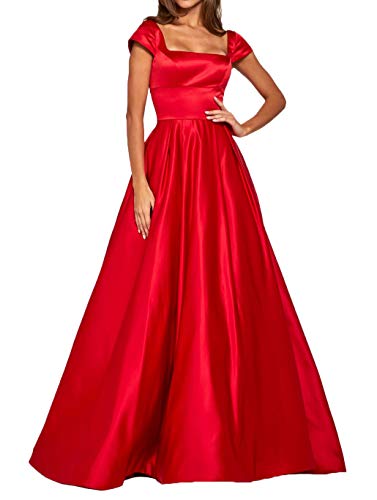 La_Marie Braut Rot Kurzarm Satin Abendkleider Ballkleider Brautjungfernkleider Partykleider Lang A-Linie Hochzeitsgaeste Kleider-54 Rot von La_Marie Braut