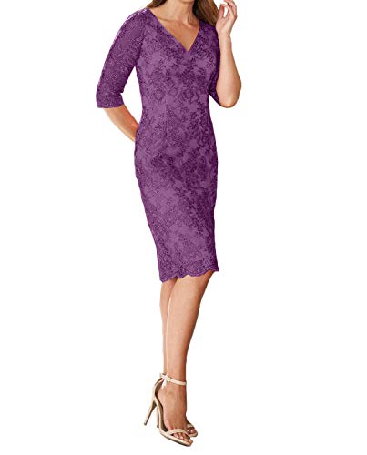 La_Marie Braut Violett Elegant Knielang Abendkleider Spitze Brautmutterkleider 50er Jahre Kleider Silvester Kleider Etuikleider Damen -38 Violett von La_Marie Braut