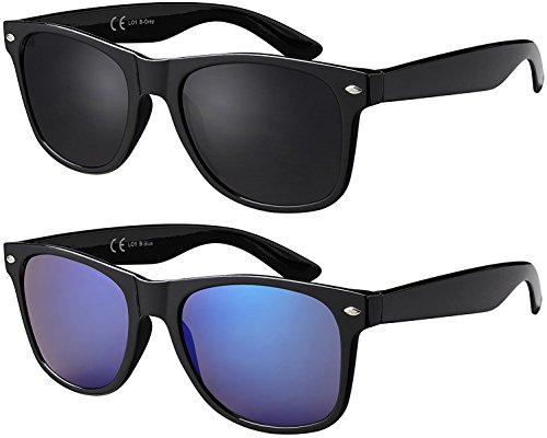 La Optica B.L.M. Herren Sonnenbrille UV400 CAT 3 Damen Unisex Retro Vintage - Party Festival Set Glänzend Schwarz (Gläser: Grau, Blau Verspiegelt) von La Optica B.L.M.