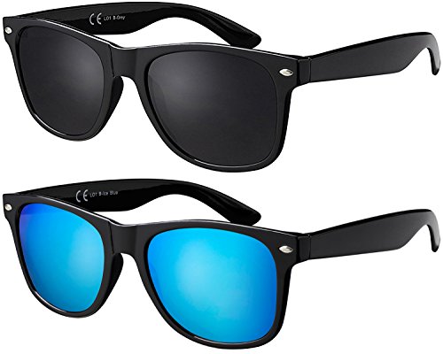 La Optica B.L.M. Herren Sonnenbrille UV400 CAT 3 Damen Unisex Retro Vintage - Party Festival Set Glänzend Schwarz (Gläser: Grau, Türkis Verspiegelt) von La Optica B.L.M.