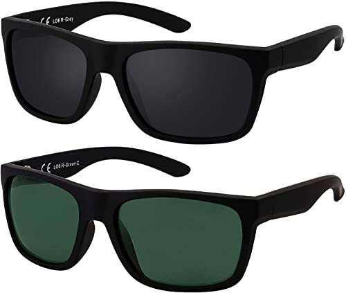 La Optica B.L.M. Herren Sonnenbrille UV400 Männer Sportbrille Fahrradbrille - Doppelpack Set Gummiert Schwarz (Gläser: 1 x Grau, 1 x Grün Klassisch) von La Optica B.L.M.