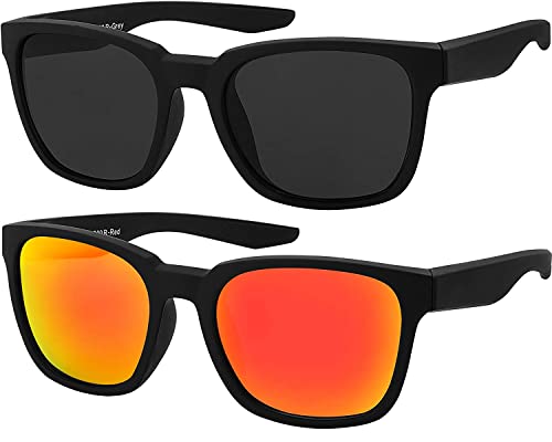 La Optica B.L.M. Sonnenbrille Herren Damen UV400 Leicht Retro - Doppelpack Set Gummiert Schwarz (Gläser: 1 x Grau, 1 x Rot Verspiegelt) von La Optica B.L.M.