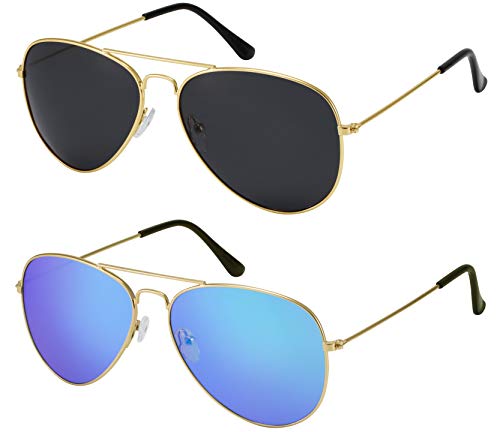 La Optica B.L.M. Sonnenbrille Herren Damen UV400 Pilotenbrille Fliegerbrille Doppelpack Set Gold Farben (Gläser: 1 x Grau, 1 x Blau Verspiegelt) von La Optica B.L.M.