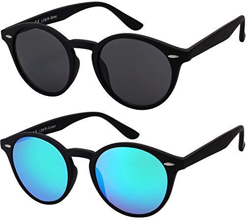 Sonnenbrille Herren Damen La Optica UV400 CAT 3 Retro Vintage Hippie Rund Round - Set Gummiert Schwarz (1 x Grau, 1 x Grün Verspiegelt) von La Optica B.L.M.