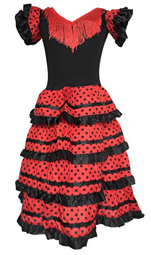 La Senorita ® Spanische Flamenco Kleid/Kostüm - für Mädchen/Kinder - Schwarz/Rot (Größe 92-98 - Länge 65 cm- 4-5 Jahr, Mehrfarbig) von La Senorita