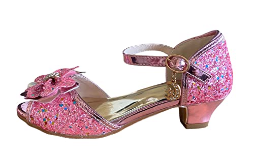 La Señorita - Prinzessinnen Schuhe – Rosa Glitzer mit Schmetterling für Mädchen - Brautjungfer Schuhe beim Hochzeit - Spanische Festliche Flamenco Tanz Schuhe für Kinder – Riemchenpumps (Numeric_35) von La Senorita