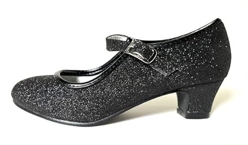 La Señorita -Prinzessinnen Schuhe – Schwarz Glitzer für Mädchen -Brautjungfer Schuhe beim Hochzeit - Spanische Festliche Flamenco Tanz Schuhe für Kinder und Frauen - Riemchenpumps von La Senorita