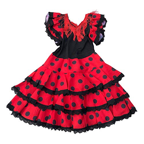 La Senorita Spanische Flamenco Kleid Niño Deluxe mit Spitzen Ränder/Kostüm - für Mädchen/Kinder - Rot/Schwarz (Größe 128-134 - Länge 85 cm- 7-8 Jahr) von La Senorita