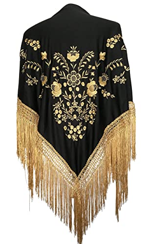 La Señorita Spanischer Manton/Tuch schwarz mit golden Blumen und Fransen gold Größe L von La Senorita