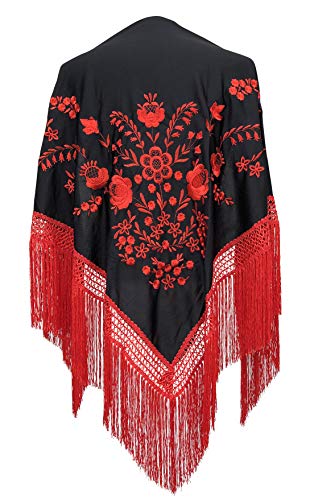 La Senorita Spanischer Manton Tuch/Schal - Schwarz mit roten Blumen und Fransen Large von La Senorita