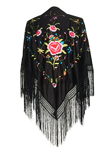 La Senorita Spanischer Manton Tuch Schal, schwarz mit verschiedenen Farben Blumen Größe: M 160 * 80 cm für Damen von La Senorita
