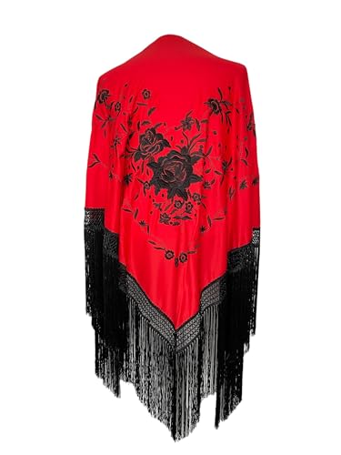 La Senorita Spanischer Manton Tuch Schal Rot mit Schwarzen Blumen und Fransen Größe: Large 190 * 90 cm für Damen von La Senorita