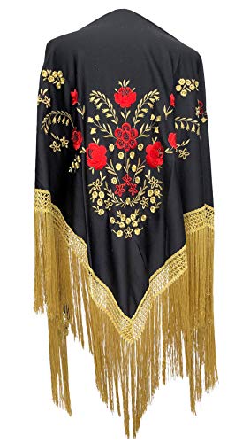 La Senorita Spanischer Manton Tuch - Schwarz Gold mit roten Blumen Franzen Gold Large von La Senorita