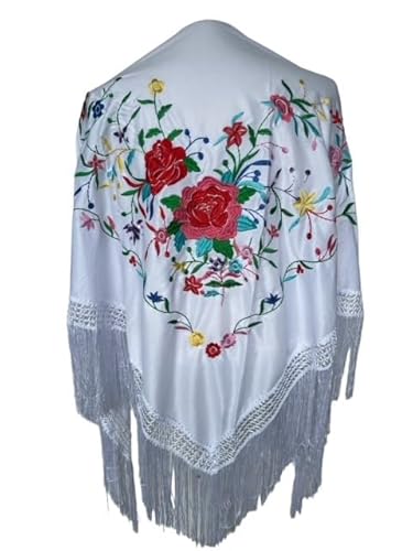 La Senorita Spanischer Manton - Tuch - Umschlagtuch - weiß mit Blumen - Größe L von La Senorita
