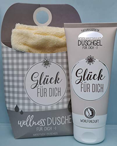 LaVida Relax-Geschenk-Set, Wellness Dusche,"Glück für Dich", Duschgel- zertifizierte Naturkosmetik mit einem Handtuch aus Bio-Baumwolle von la Vida