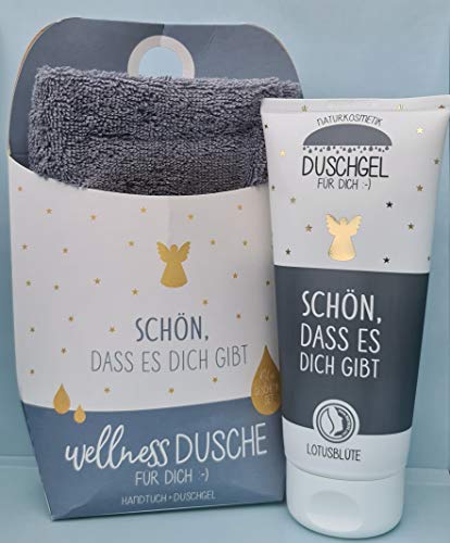 LaVida Relax-Geschenk-Set, Wellness Dusche,"Schön dass es Dich gibt", Duschgel- zertifizierte Naturkosmetik mit einem Handtuch aus Bio-Baumwolle von La Vida