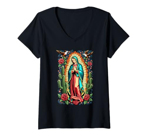 Damen La Virgen De Guadalupe Umgeben von Kakteen und Rosen T-Shirt mit V-Ausschnitt Damen La Virgen De Guadalupe Umgeben von Kakteen und Rosen T-Shirt mit V-Ausschnitt von La Virgen De Guadalupe Mexican Chicana Latina