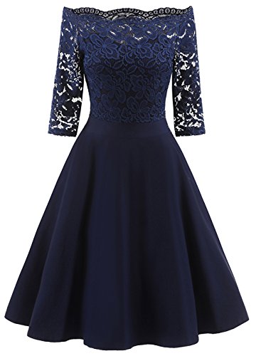 La vogue Damen 50er Vintage Kleid Off Schulter Spitze Abendkleid Knielang Cocktail Partykleid Dunkelblau 2XL von La vogue