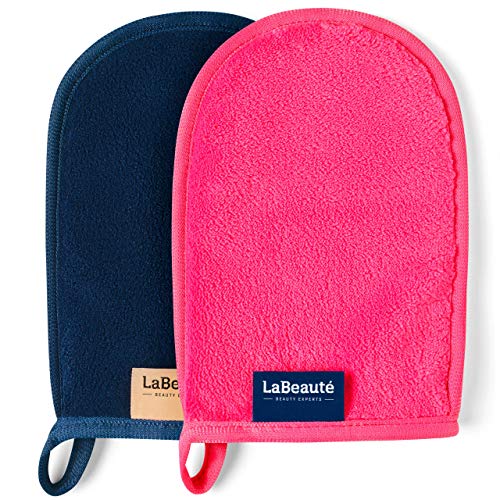 LaBeauté Abschminkhandschuh Mikrofaser (2 Stück, 20x13 cm) waschbar und wiederverwendbar, Make Up Entferner Glove, Abschmink Handschuh, zum Gesicht Abschminken & Gesichtsreinigung (navy/pink) von LaBeauté