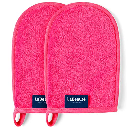 LaBeauté Abschminkhandschuh Mikrofaser (2 Stück, 20x13 cm) waschbar und wiederverwendbar, Make Up Entferner Glove, Abschmink Handschuh, zum Gesicht Abschminken & Gesichtsreinigung (pink) von LaBeauté