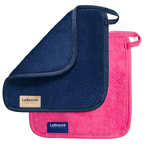 LaBeauté Abschminktücher Mikrofaser (2 Stück, 21x21 cm) waschbar und wiederverwendbar, Make Up Entferner Pads, Microfaser Abschminkpads, zum Gesicht Abschminken & Gesichtsreinigung (navy/pink) von LaBeauté