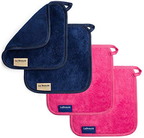 LaBeauté Abschminktücher Mikrofaser (4 Stück, 21x21 cm) waschbar und wiederverwendbar, Make Up Entferner Pads, Microfaser Abschminkpads, zum Gesicht Abschminken & Gesichtsreinigung (navy/pink) von LaBeauté
